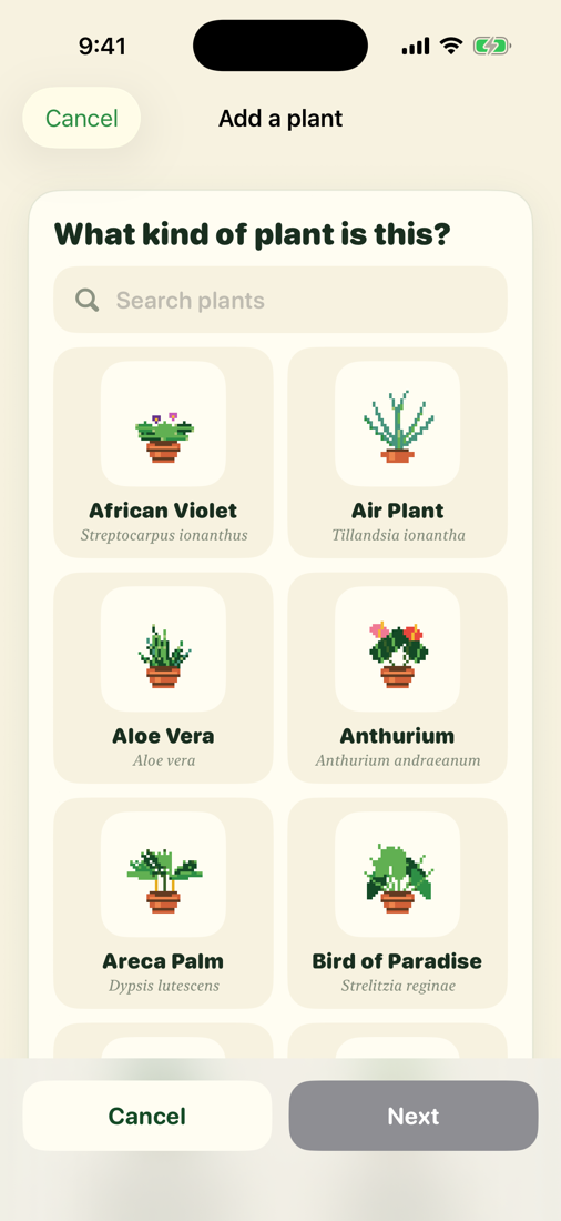 Real iPhone simulator screenshot of Sproutbit plant catalog selection