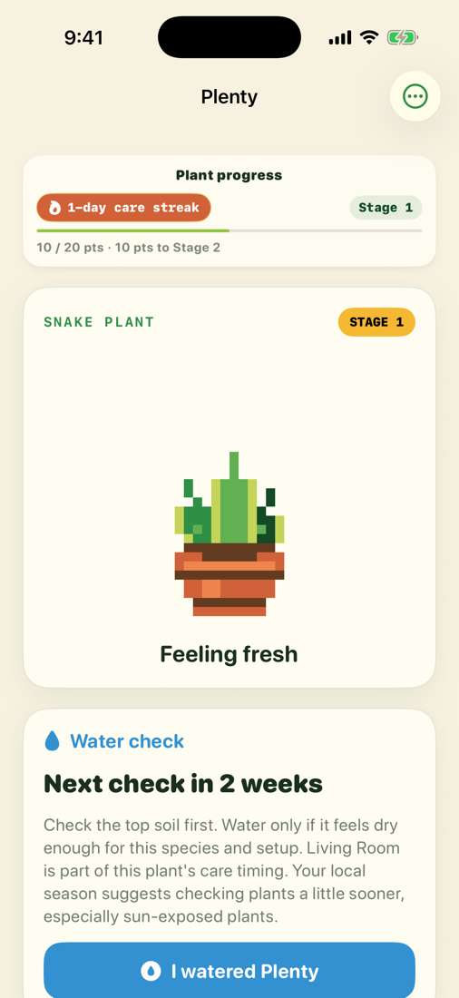 Real iPhone simulator screenshot of plant progress, care streak, and watering guidance