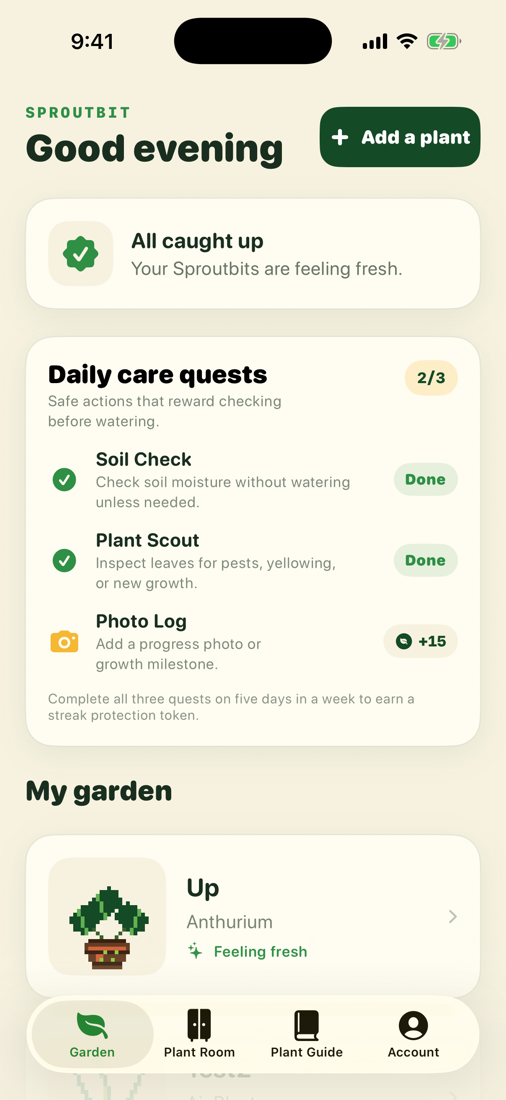 Real iPhone simulator screenshot of Sproutbit daily care quests and garden screen