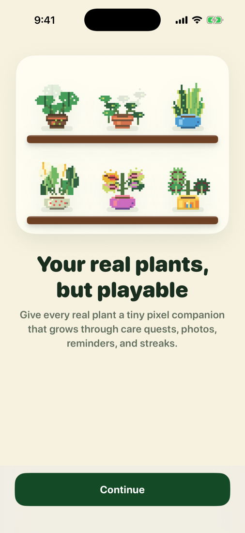 Real iPhone simulator screenshot of Sproutbit onboarding with pixel plant shelf