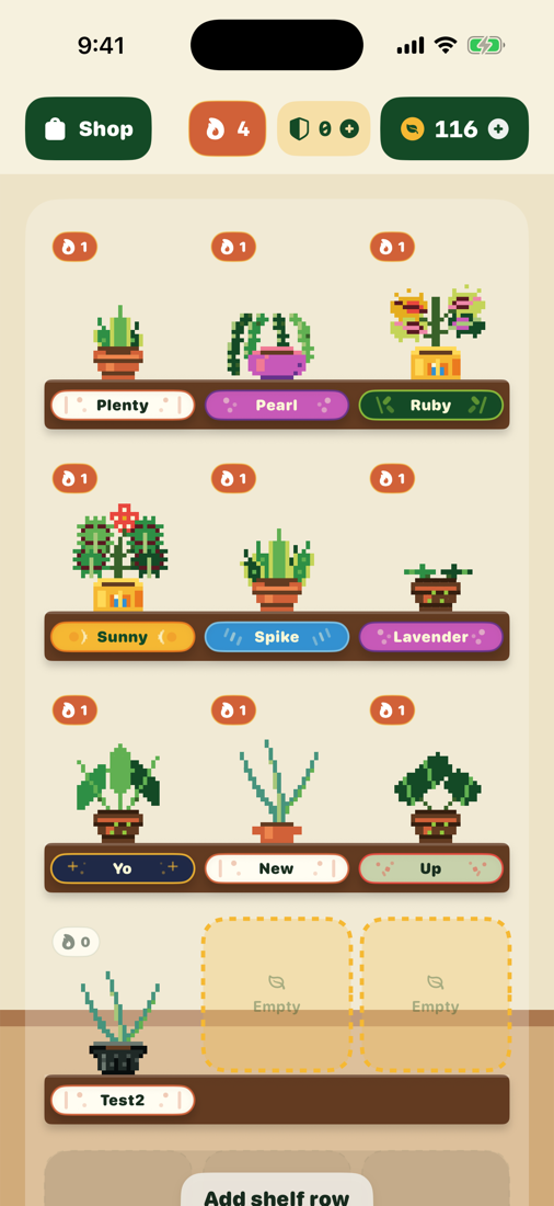 Real iPhone simulator screenshot of the Sproutbit plant room with pixel plants on shelves