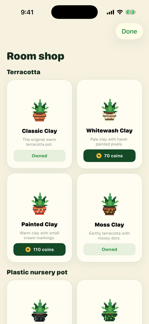 Real iPhone simulator screenshot of Sproutbit room shop with pots and Sprout Coins