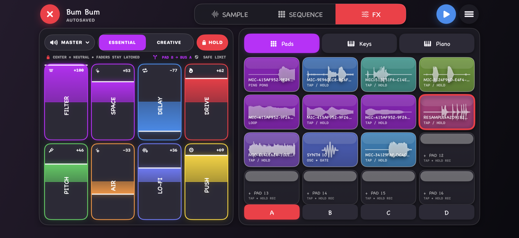 Meowano Creative FX screen with filter, space, delay, drive, pitch, air, lo-fi, and push controls