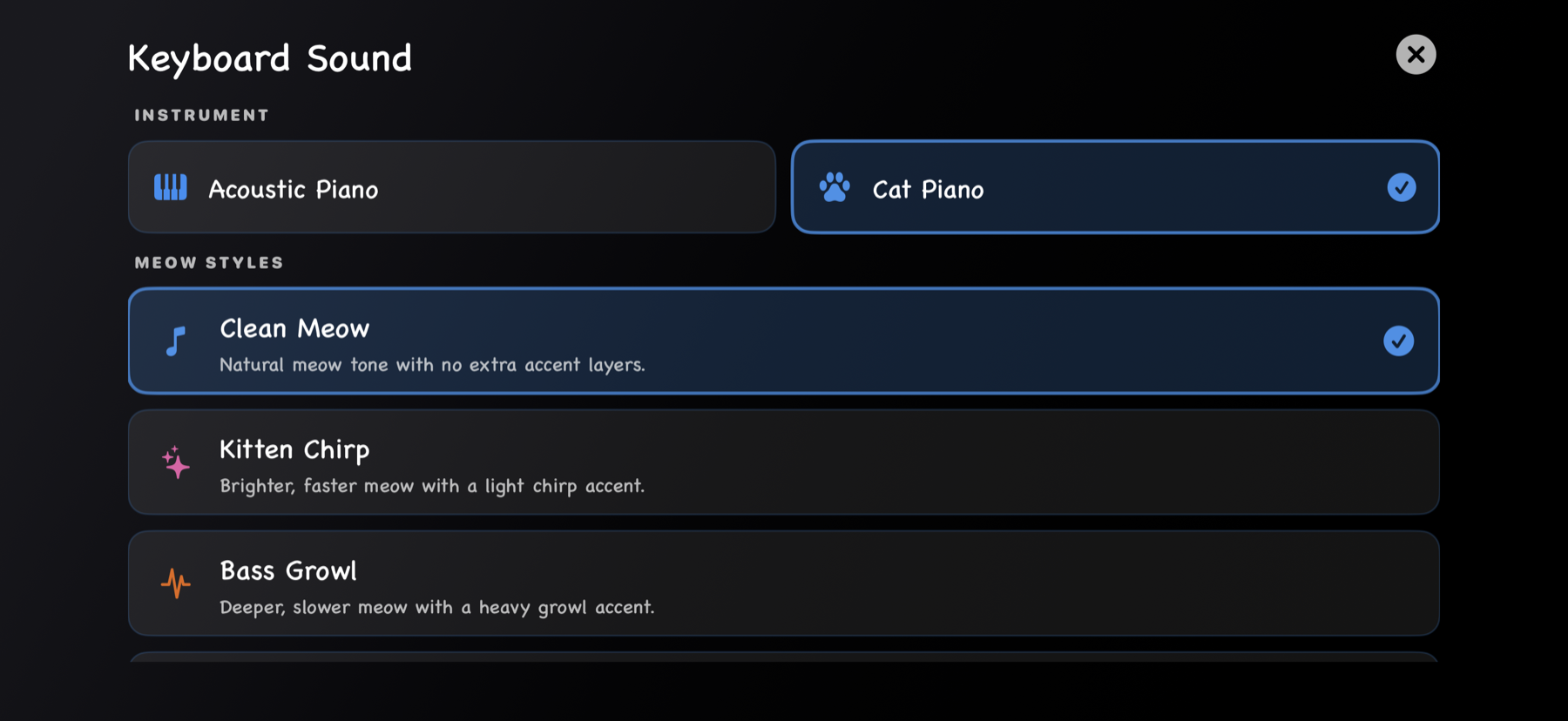 Meowano Keyboard Sound settings with Cat Piano selected and meow styles
