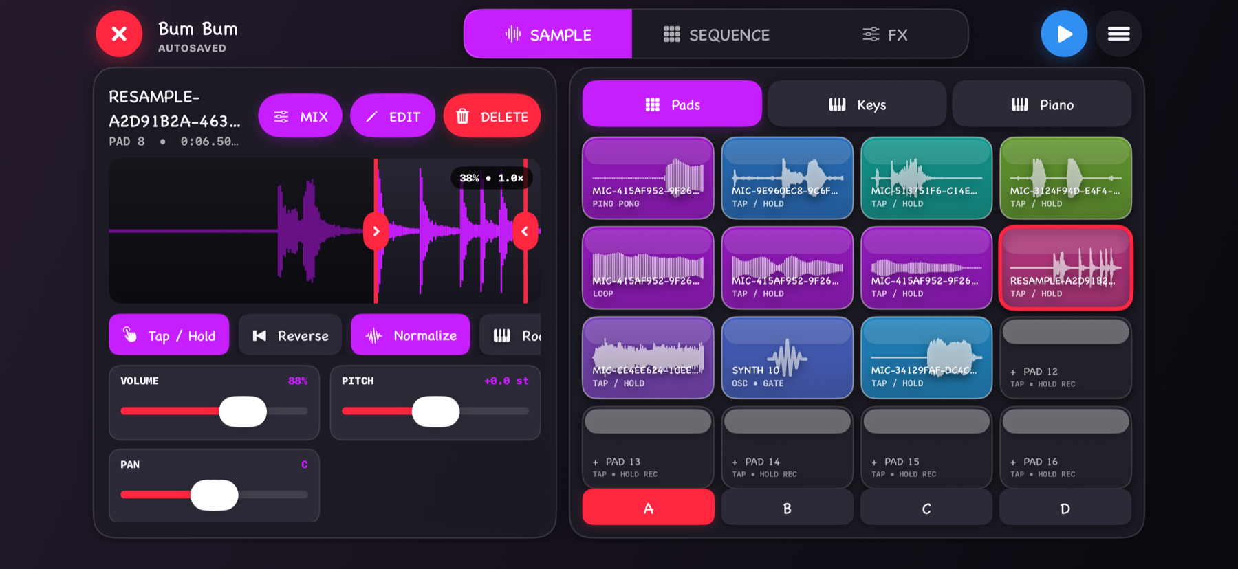Meowano Sampler Studio screen with sample pads, mixer controls, and waveform editor