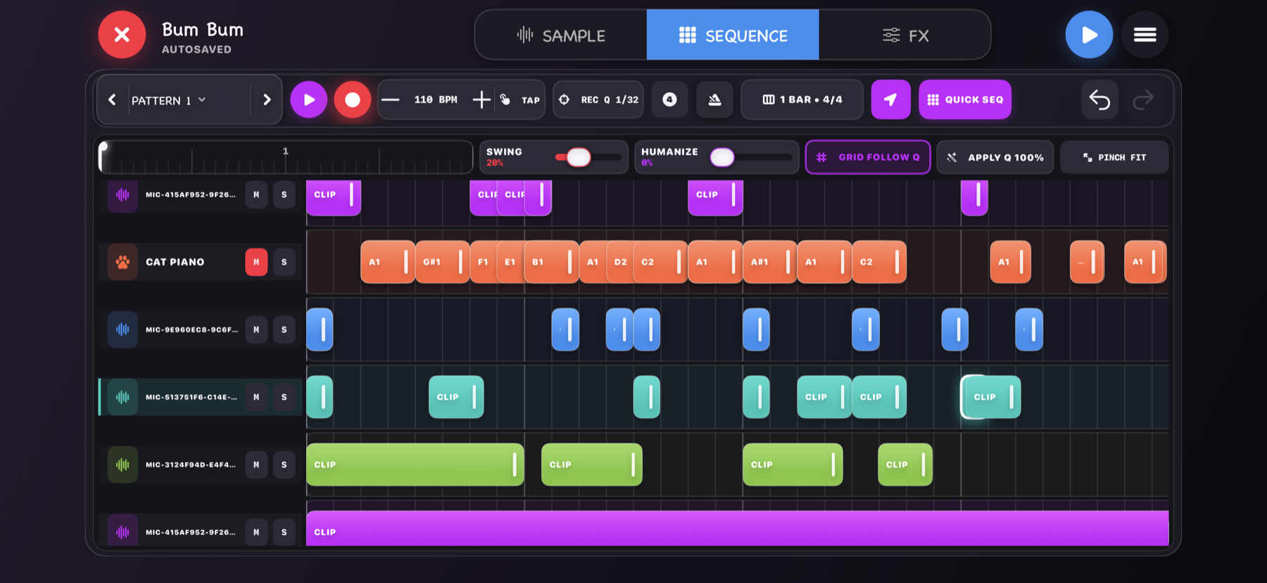 Meowano sequence editor with piano notes and beat grid