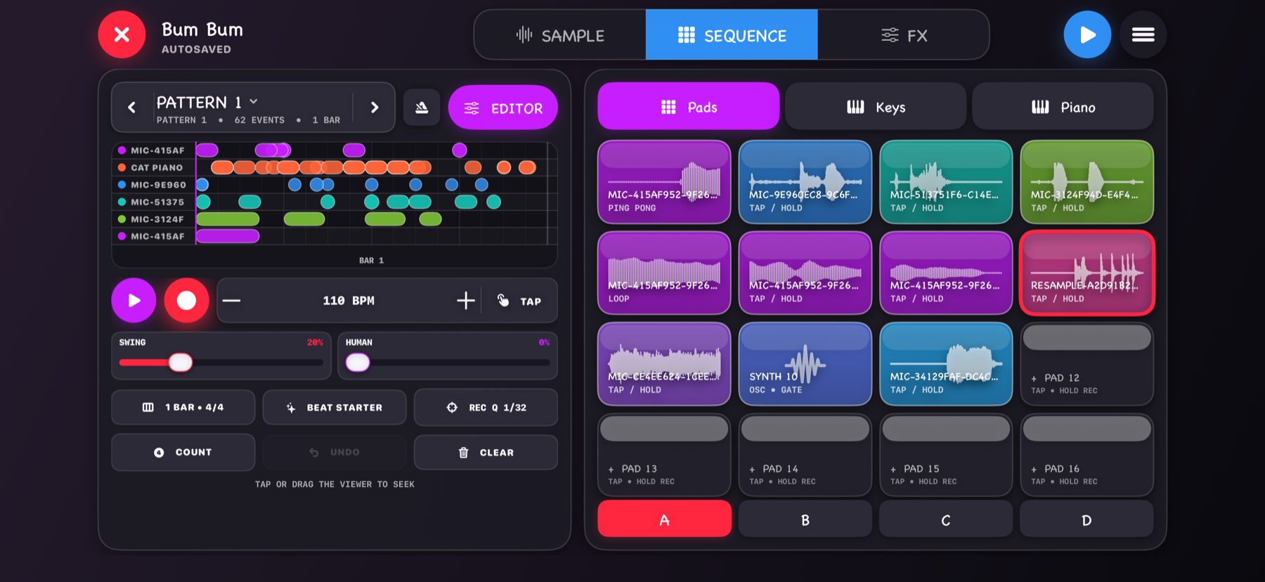 Meowano Beat Sequencer overview with sample pads and pattern controls