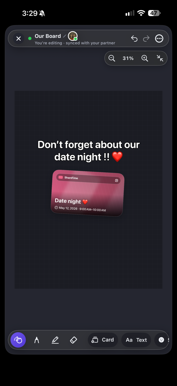 ShareTime shared board editor with a date night card