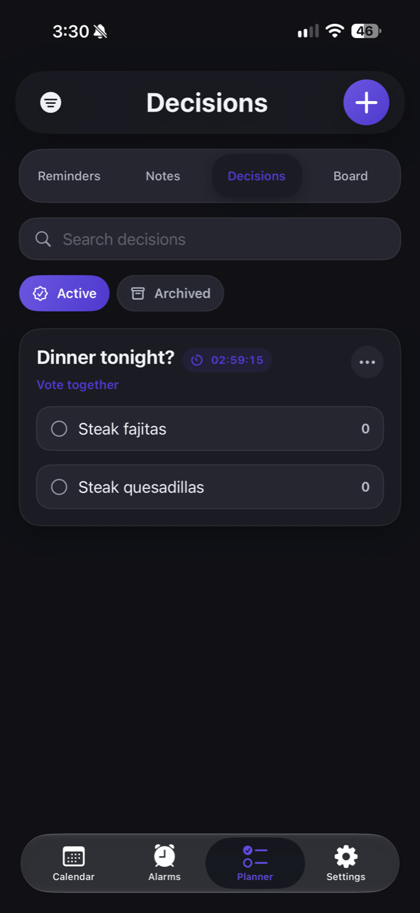 ShareTime decisions screen with a dinner vote