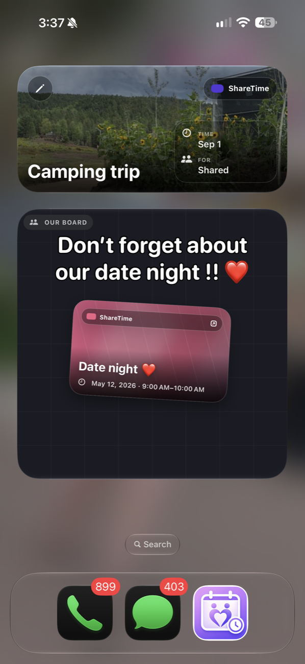 iPhone home screen showing ShareTime widgets and app icon