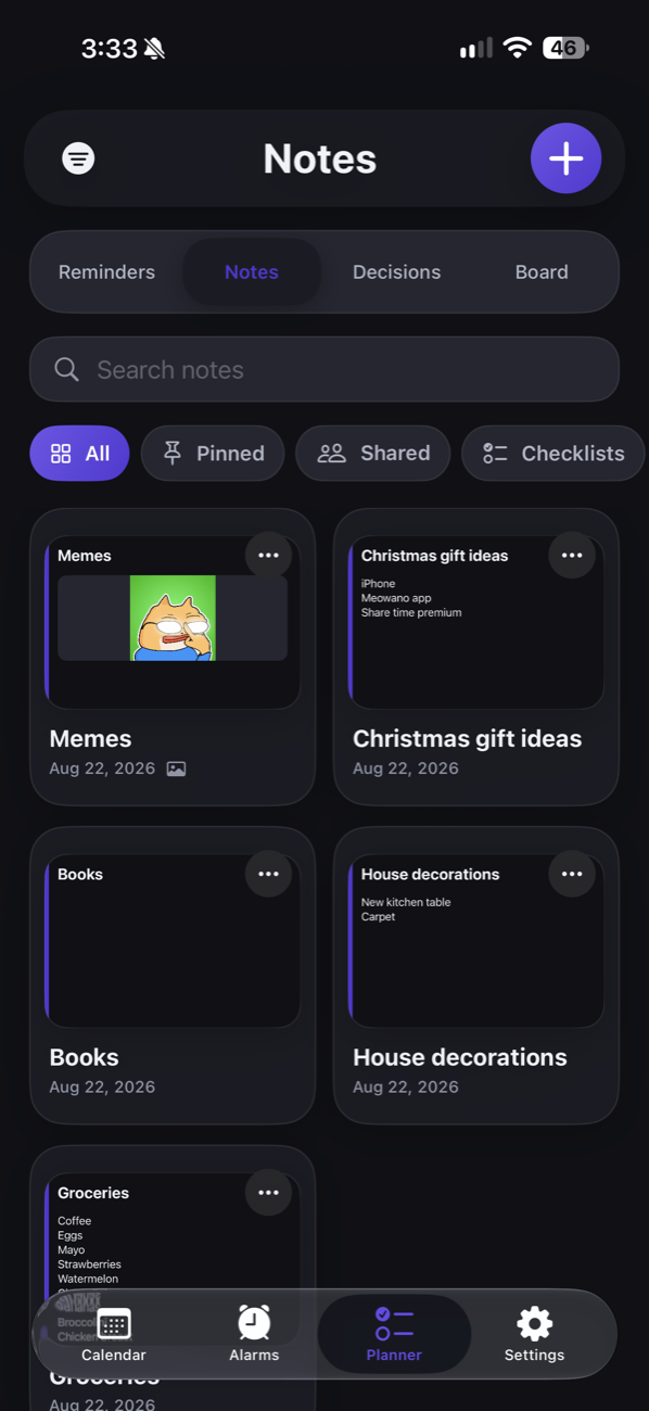 ShareTime notes screen with shared note cards
